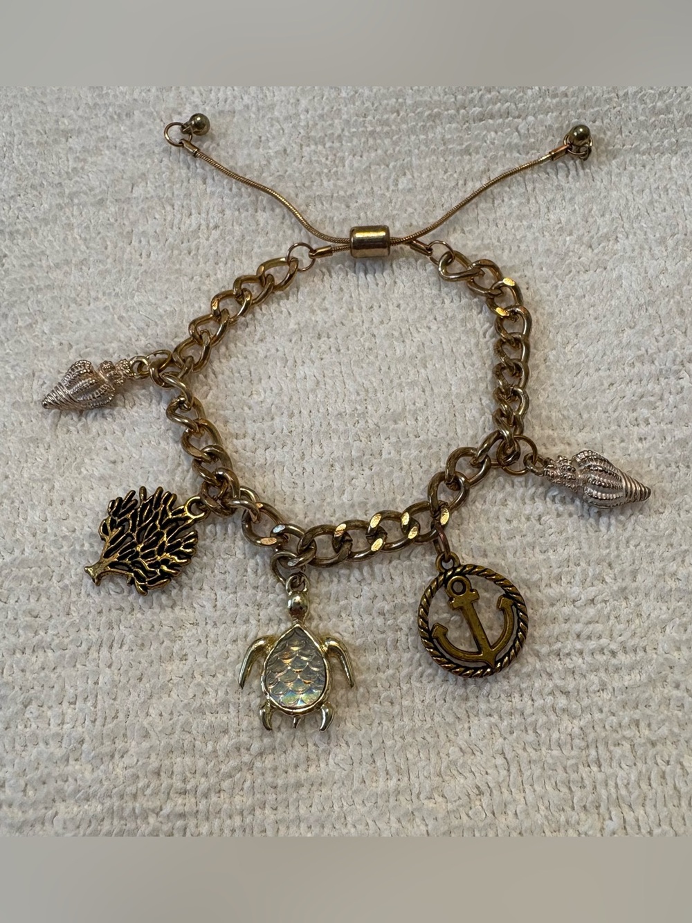 Nautical Charm Bracelet Gold Tone Adjustable Slider – Beach Coastal Theme
